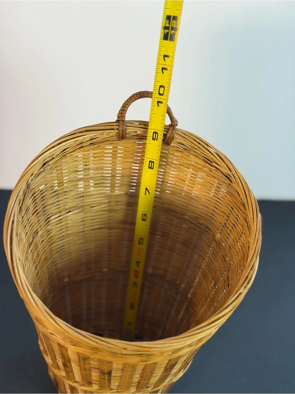 Vintage Hanging Tortoise Shell Woven Bamboo Basket Vintage 10x7in Boho Decor